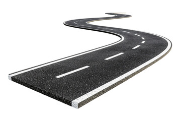 Winding asphalt road with white lines, isolated, transparent background, 3D render