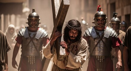 Jesus Christ carrying the cross, escorted by Roman soldiers through ancient streets
