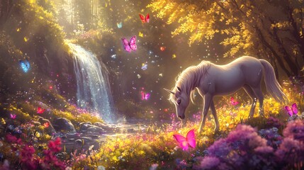 Magical fantasy meadow with unicorns grazing near a waterfall, glowing butterflies fluttering among magical flowers
