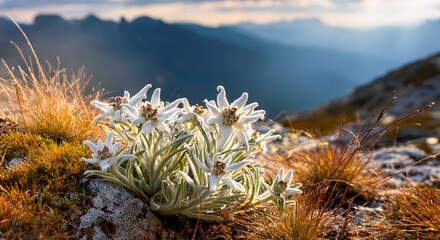 Alpine edelweiss , European mountain plant - white flower. 