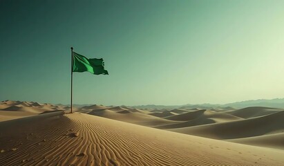 A lone green flag stands tall against a vast desert landscape under a clear sky, symbolizing hope and resilience in arid environments.