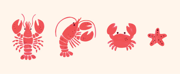 Isolated watercolor illustrations of lobster crab starfish on light background. Red marine animals in flat hand drawn doodle cartoon style. Vector illustration for summer cards or print.