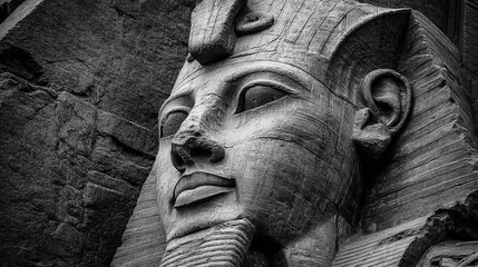 Ancient Egyptian Pharaoh Stone Carving Majestic Head Black White Granite Sculpture Powerful Pharaoh Royal Headwear Imposing Figure Historical Artifact Timeless Monumental Art Old 