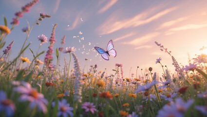 Butterfly Flying Over a Meadow of Flowers with a Soft Sunset Sky