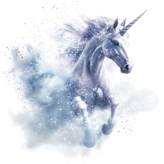 Majestic White Unicorn Leaping Through a Mystical Cloud of Sparkling Magic on transparent background