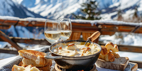 Pot of Swiss cheese fondue with bread, wine glass, and snowy Alps in the background.