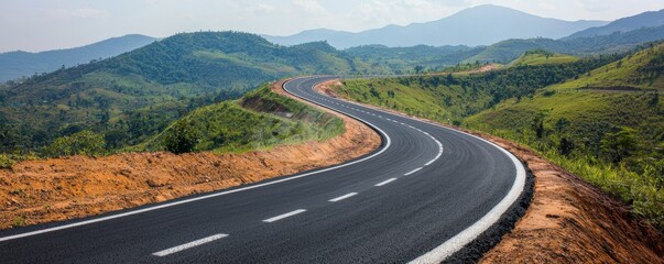 Construction infrastructure highway progress concept. Curvy road through lush green hills and distant mountains.