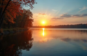 Sunset over serene lake, golden sun casting warm glow on water. Silhouettes of trees, orange sky, natural beauty, tranquil, peaceful, idyllic landscape, waterfront, nature, autumn colors, dusk,