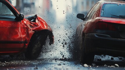 Two red cars collide on a wet road, creating a dramatic splash of water and debris.
