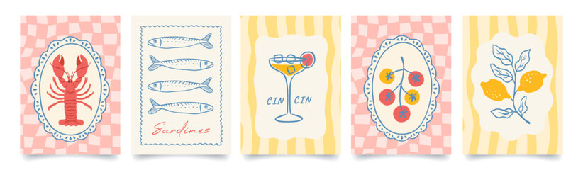 Set of summer italian mediterranean posters. Vacation in Italy. Amalfi. Italian food. Hand drawn lobster and tomato in plates, lemons, sardines, cocktail. Vector illustration for poster or card.