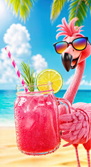 Funny Flamingo Wearing Sunglasses and Holding Jar of Refreshing Pink Drink on Sunny Beach Background 