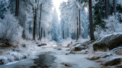 Serene winter landscape with a partly frozen stream flowing through a forest