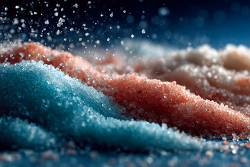 Paski kolorowych kryształków, wyglądających jak cukier lub sól, z efektem sypania się i rozświetlenia. Abstrakcyjna kompozycja tekstury i koloru.