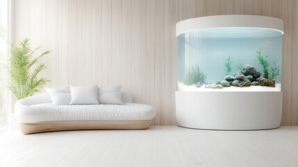 A stylish living room featuring a pristine aquarium beside a sleek, contemporary couch, showcasing modern design aesthetics and the calming effect of aquatic life.