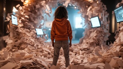 A child stands amidst a whirlwind of papers in an art installation, symbolizing the chaos of information in modern life and the struggles of youth in a digital age.