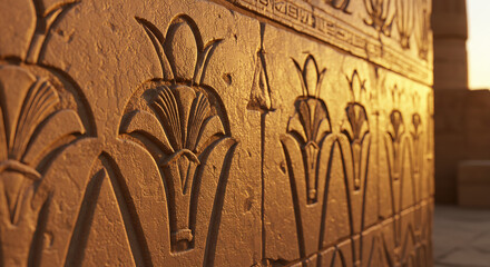 Photorealistic close-up of ancient Egyptian lotus carvings on a temple wall,