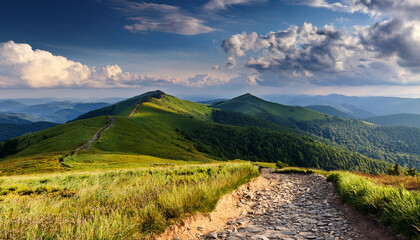 scenic view of bieszczady mountains with hiking trail in foreground and vibrant clouds above outdoor adventure in nature on a sunny day perfect for exploration