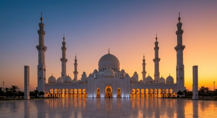 Grand mosque at sunset, white architectural splendor
