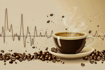 Steaming cup of coffee with coffee beans and a heartbeat line in the background