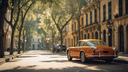 Orange classic car parked on a charming, tree-lined European street on a sunny afternoon.