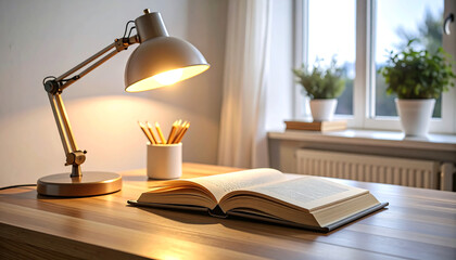 A warm desk lamp shines on an open book, creating a quiet and inviting study space by a window.