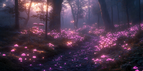 Enchanted forest path with glowing pink mushrooms at twilight magical woodland landscape for fantasy and nature backgrounds ethereal fairy tale scene with mystical glow