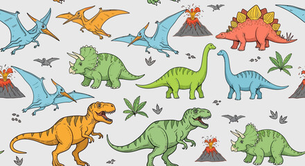 Adorable Dinosaur Pattern Colorful Prehistoric Creatures Seamless Repeat