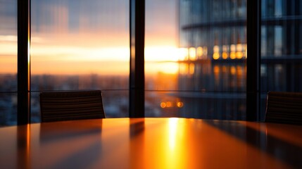 A polished conference table reflects a vibrant sunset viewed through large windows of a high-rise office, overlooking a city skyline and another modern building