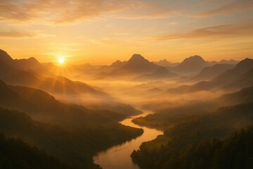 A breathtaking sunrise over a misty river valley and distant mountains