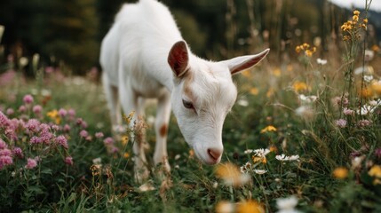 Peaceful young goat grazing in a colorful wildflower meadow during golden hour, highlighting soft fur, vibrant pinks and yellows, natural rural serenity, and lush greenery.