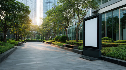 Nowoczesna ścieżka piesza w otoczeniu zieleni i szklanych wieżowców, z widocznym pustym billboardem. Miejsce łączy naturę z miejskim krajobrazem.