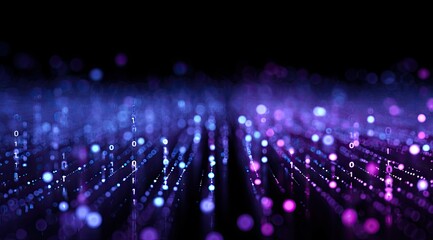 Abstract digital landscape of glowing purple and blue binary code streams converging into the distance against a black background