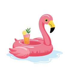 Pink flamingo pool float with tropical cocktail. Fun summer floatie with refreshing drink in pool. Summertime fun concept for pool party invitations or beach bar promotions.