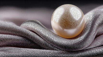 Una perla resplandeciente reposa sobre un lecho de seda plateada, capturando la luz y la elegancia.