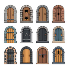 Collection of twelve arched medieval fantasy doors with stone and wood designs