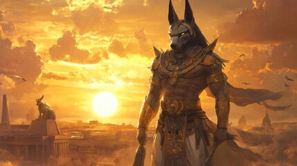 Anubis, jackal-headed god, stands majestically at sunset over an ancient city.