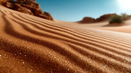 An artistic close-up of sand dunes in a desert landscape, showcasing the intricate patterns caused by wind and sunlight, evoking a sense of tranquility and vastness.