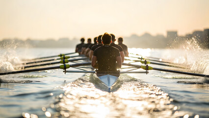 Rowing team practices on the water at sunset, with the focus on teamwork, competition, and the beauty of aquatic sports.