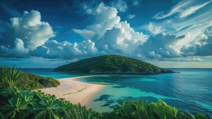 A tropical island beach scene with lush greenery, sandy shores, and a hill under a partly cloudy sky.