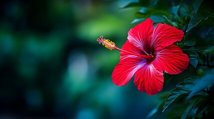 Vibrant Red Hibiscus Flower Closeup on Lush Green Background