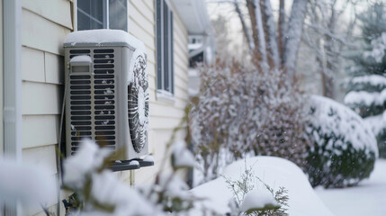 outdoor heatpump covered in snow