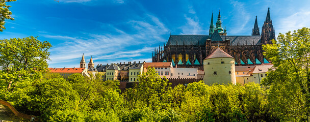 A view from the castle gardens towards the north side of the castle complex in Prague in springtime