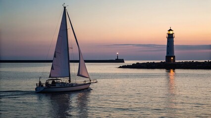 A picturesque scene at dusk featuring a sailboat gracefully entering or leaving a harbor, with a prominent lighthouse beacon shining brightly on the breakwater, under a soft, colorful sunset sky
