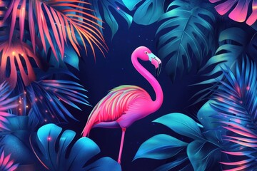 Vibrant Tropical Menu Design Featuring Fluorescent Leaves and Flamingo for Summer Cafes