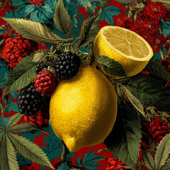 Owoce na czerwieni: cytryny i leśne jeżyny, maliny, z zielonymi liśćmi, tworzą dekoracyjny wzór. Soczyste barwy i naturalne tekstury.