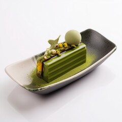 Postre de lujo alta cocina de matcha, postre japones moderno actualizado de matcha con perla de limón y pistacho