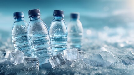 Plastic water bottles cooling on ice cubes on hot summer day