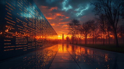 Vietnam veterans memorial at sunset reflecting on paved ground near trees and the washington monument