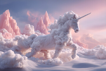 White unicorn made of clouds galloping in dreamlike landscape