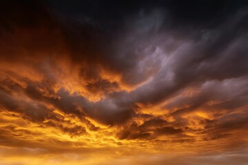 Dramatic sunset with fiery orange and dark clouds in dynamic evening sky